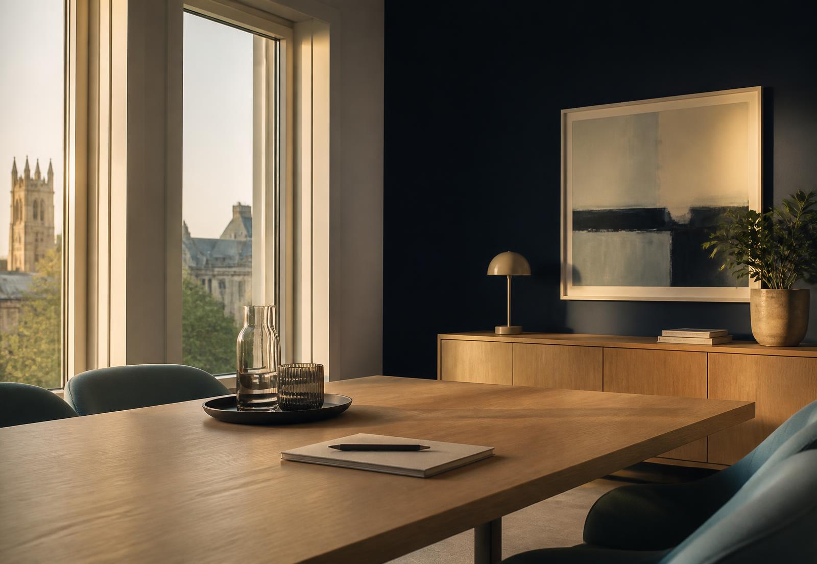 A quiet meeting room prepared for a conversation, with daylight across an oak table