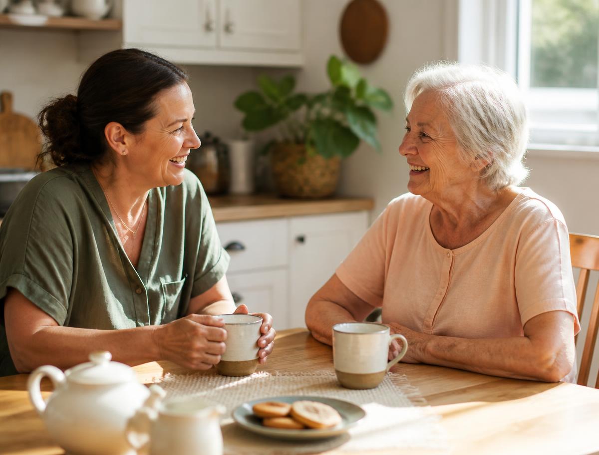 Support worker and an older woman talking over tea in a bright kitchen