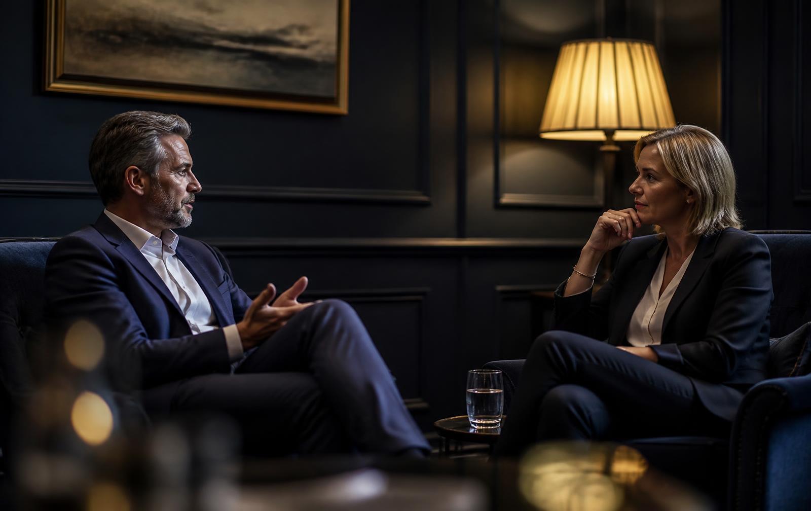 Two care business leaders in a considered conversation