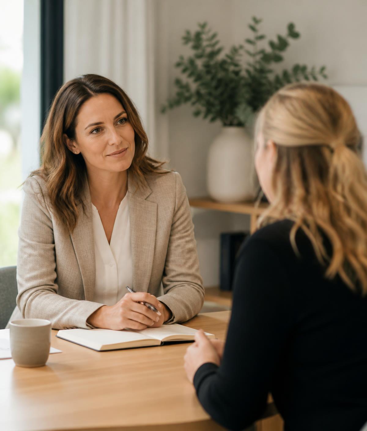 A recruitment consultant and a care candidate in conversation across a table