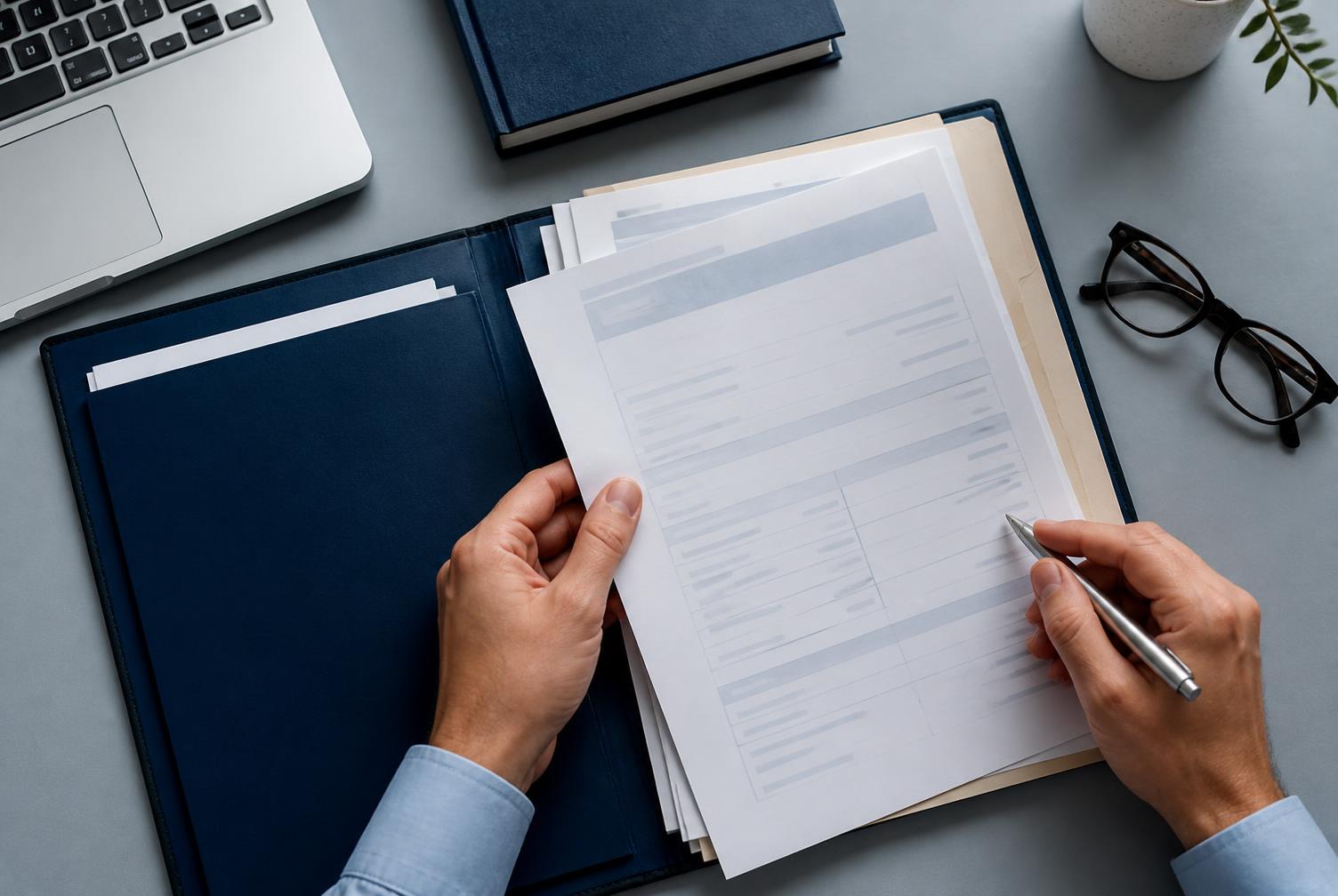Hands reviewing employment documents in a folder beside a laptop