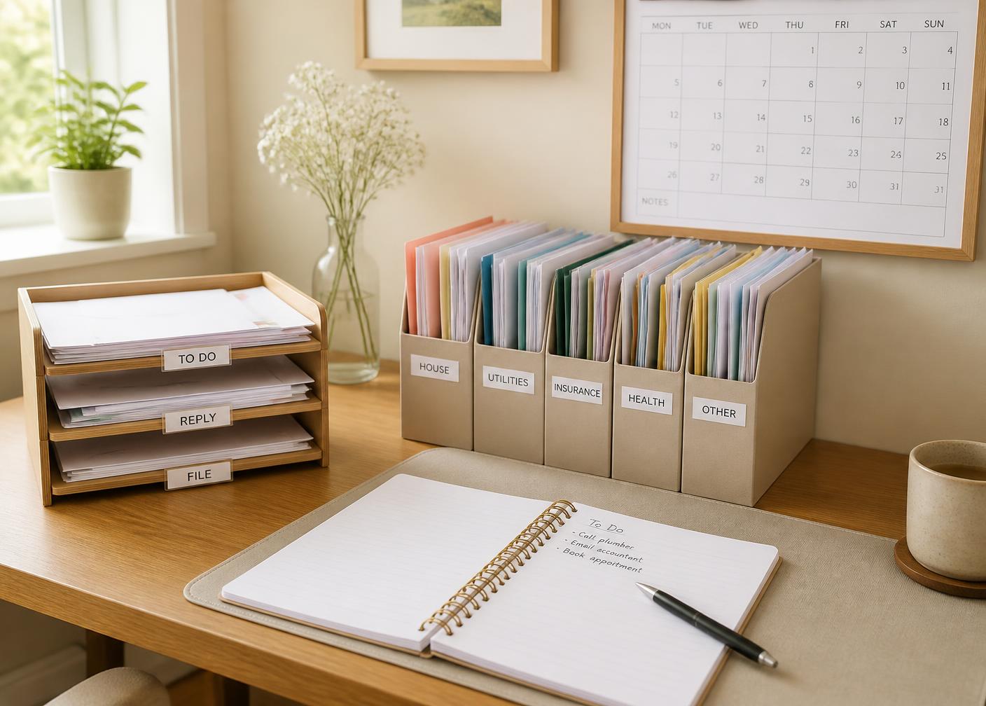 A tidy home desk with sorted letters, labelled folders and a calendar