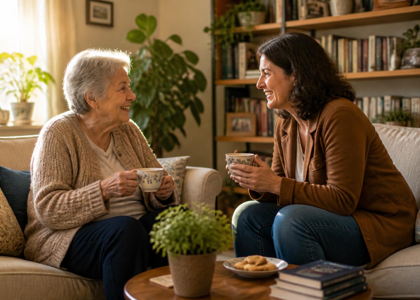 Two people talking warmly over tea in a sunny living room