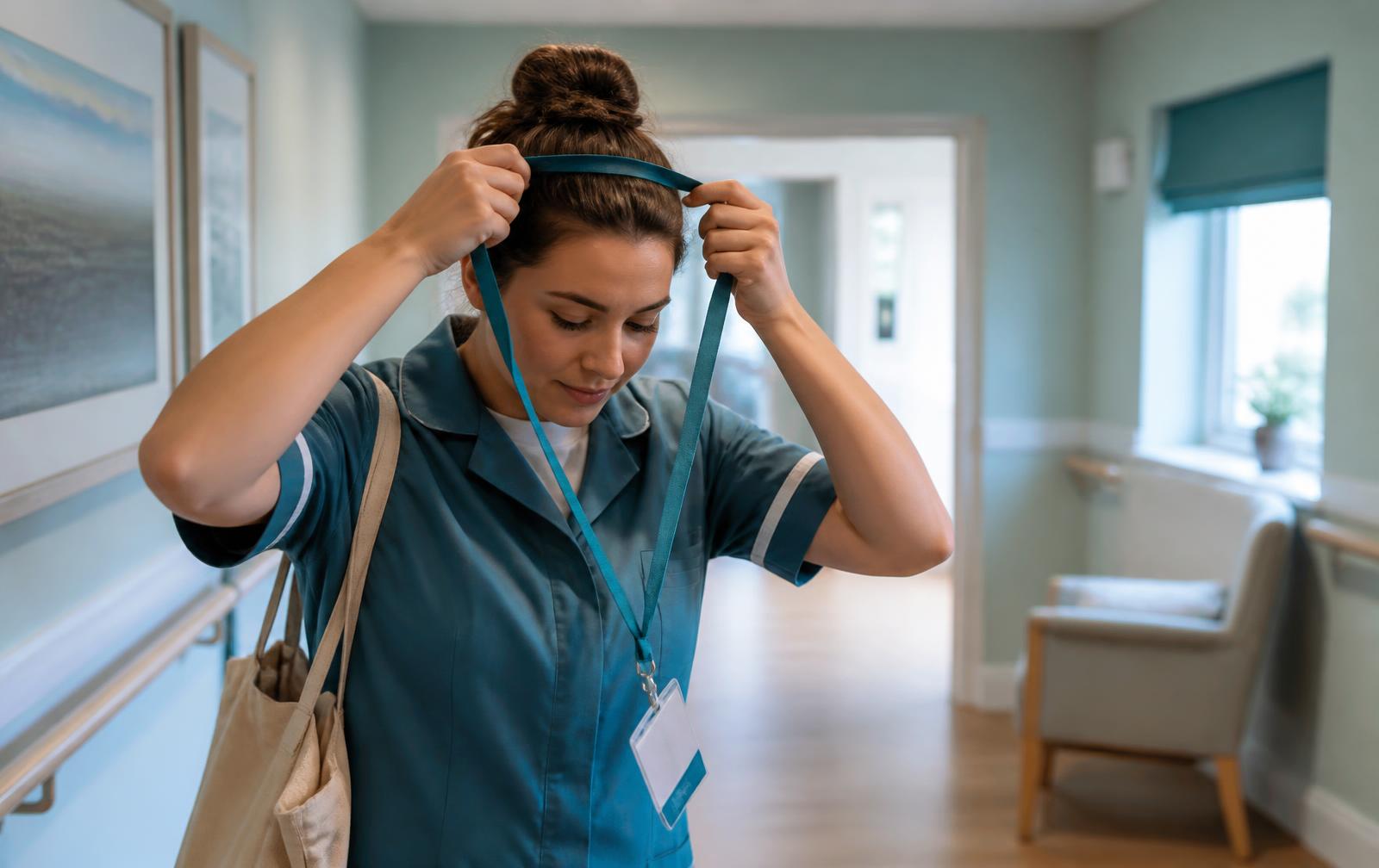 A care worker putting on a lanyard as a shift begins